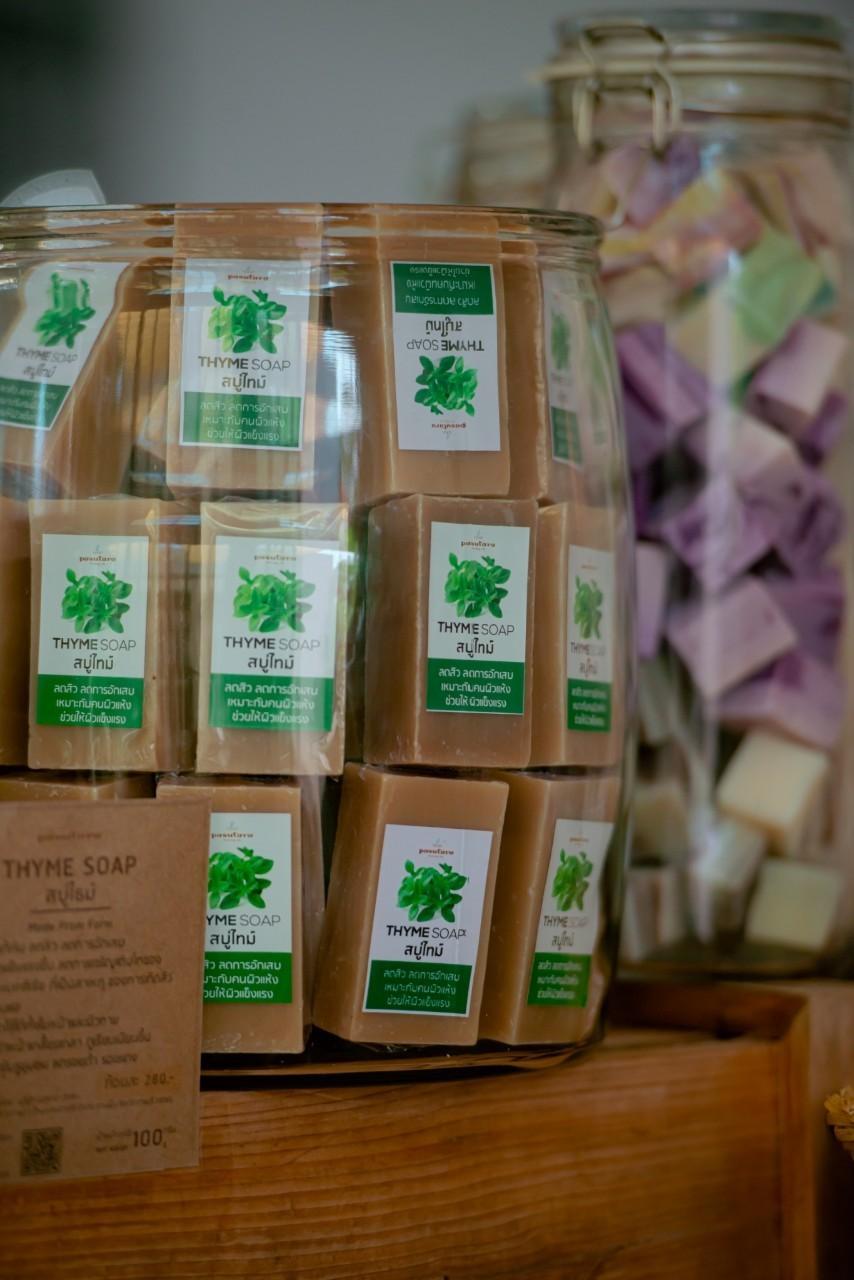 สบู่ไทม์สมุนไพรพสุธารา Thyme Soap วางเรียงในโหลแก้วบนชั้นไม้